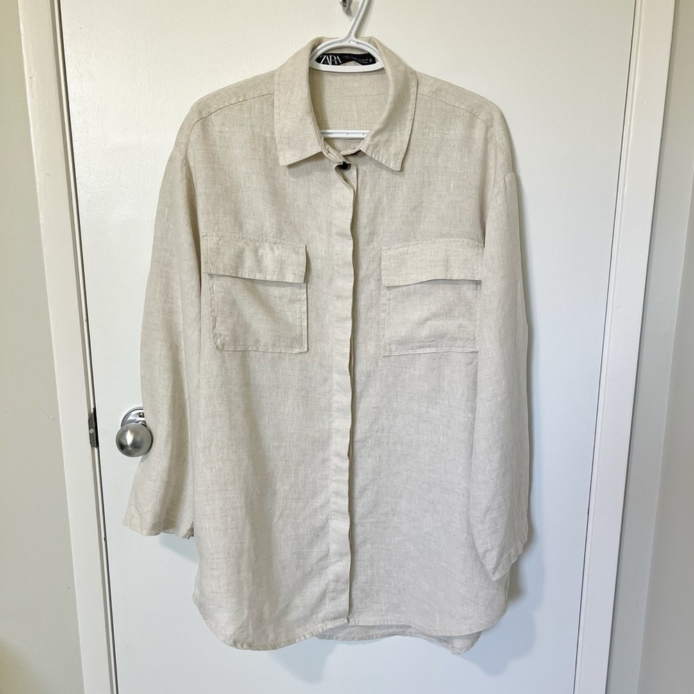 Zara Oversized Linen Button Down Shirt Sand Tan size Medium / Large